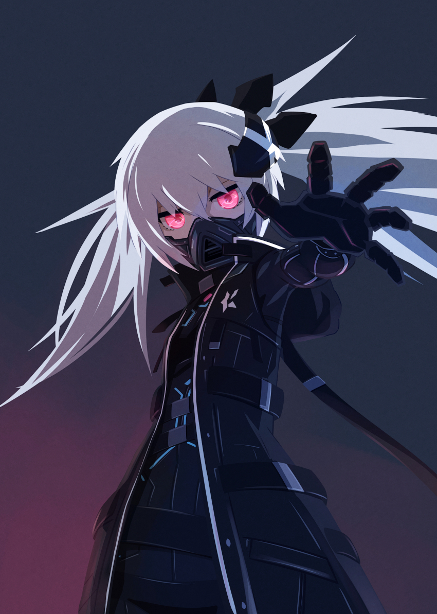 1girl 32zzz black_bodysuit black_jacket black_rock_shooter bodysuit dark_persona grey_background hair_between_eyes headgear highres insane_black_rock_shooter jacket long_hair mask mechanical_arms mechanical_hands mouth_mask red_eyes sidelocks twintails uneven_twintails white_hair white_rock_shooter