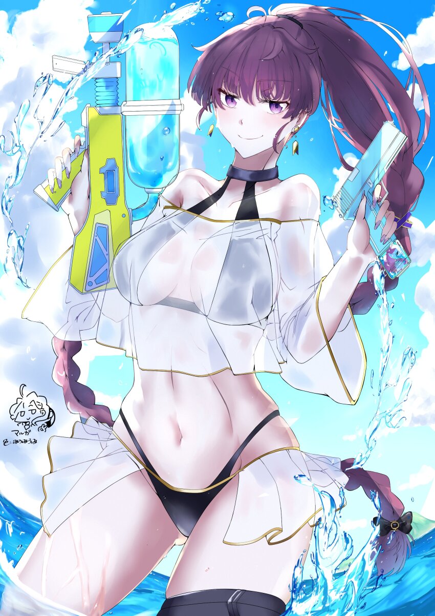 1girl absurdres bikini black_bikini dolla_(nikke) earrings frills goddess_of_victory:_nikke gun handgun highres holding holding_water_gun jewelry miumiumi_99 nail_polish navel purple_eyes purple_hair see-through_clothes see-through_frills see-through_sleeves solo swimsuit thigh_strap water water_gun weapon