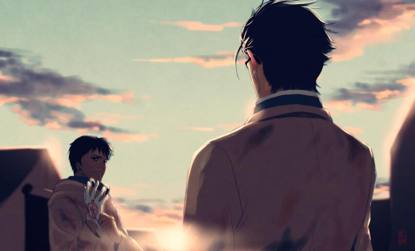 2boys back black_hair closed_mouth cloud coat commentary dust english_commentary fullmetal_alchemist glasses gloves highres littleskrib maes_hughes male_focus multiple_boys putting_on_gloves roy_mustang short_hair single_glove sky solo sunrise upper_body white_gloves