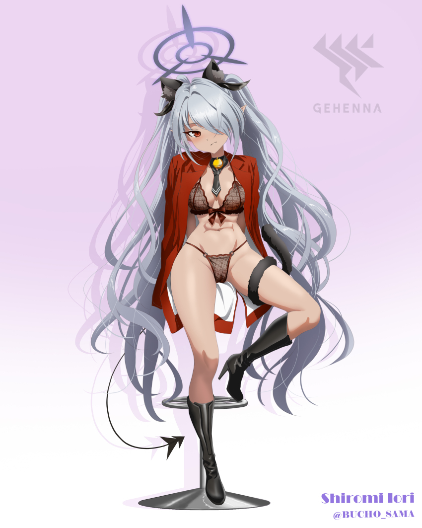 1girl absurdres animal_ears black_bra black_footwear black_panties blazer blue_archive blush boots bra breasts bucho_sama cat_ears cat_tail character_name cleft_of_venus commentary dark-skinned_female dark_skin demon_tail english_commentary frown grey_hair hair_over_one_eye halo high_heels highres iori_(blue_archive) jacket jacket_on_shoulders long_hair mixed-language_commentary navel panties pointy_ears pussy red_eyes see-through sitting small_breasts solo spread_legs tail twitter_username underwear variant_set very_long_hair