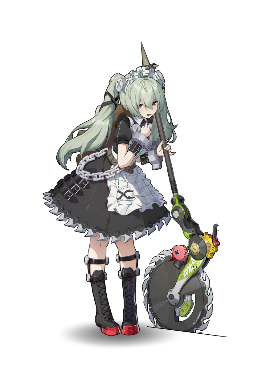 1girl absurdres animal_bag apron bear_bag belt black_dress black_footwear black_nails boots brown_belt chain charm_(object) chinese_commentary circular_saw commentary corin_wickes dress english_commentary full_body green_hair hair_between_eyes hands_up highres holding holding_weapon knee_boots long_hair looking_at_viewer maid maid_apron maid_headdress mixed-language_commentary open_mouth puffy_short_sleeves puffy_sleeves purple_eyes ronic saw screw_hair_ornament short_sleeves simple_background solo standing twintails weapon white_apron white_background zenless_zone_zero