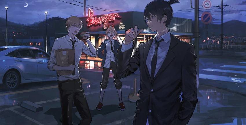 1girl 2boys bag black_neckwear blazer burger business_suit car chainsaw_man cigarette city_lights collared_shirt dark demon_girl demon_horns denji_(chainsaw_man) earrings fang food formal_clothes hair_between_eyes hayakawa_aki holding holding_bag holding_cigarette horns jacket jewelry light lococo:p long_hair moon motor_vehicle multiple_boys necktie night night_sky open_mouth outdoors pants pants_rolled_up power_(chainsaw_man) receipt red_horns restaurant road sharp_teeth shirt shirt_tucked_in shoes short_hair sign sky sleeves_rolled_up smoke sneakers standing street suit teeth utility_pole white_shirt