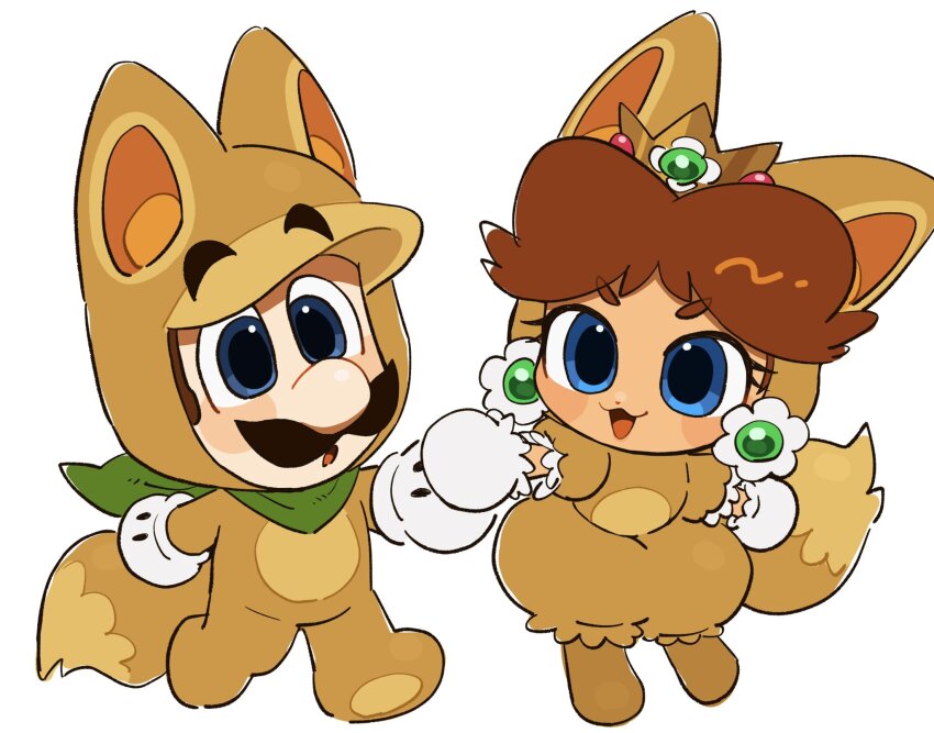 1girl alternate_costume animal_ears blue_eyes brown_hair crown earrings facial_hair gloves highres hood jewelry kitsune_luigi luigi mario_(series) mimimi_(mimimim9999) mustache nintendo princess_daisy short_hair super_mario_3d_land tail white_gloves