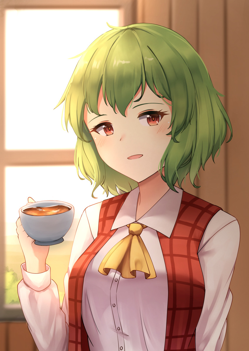 1girl absurdres ascot breasts collared_shirt cup green_hair highres holding holding_cup indoors kazami_yuuka kuneamorai large_breasts looking_at_viewer milestone_celebration open_mouth plaid_clothes plaid_vest red_eyes red_vest shirt short_hair solo teacup touhou upper_body vest white_shirt window yellow_ascot