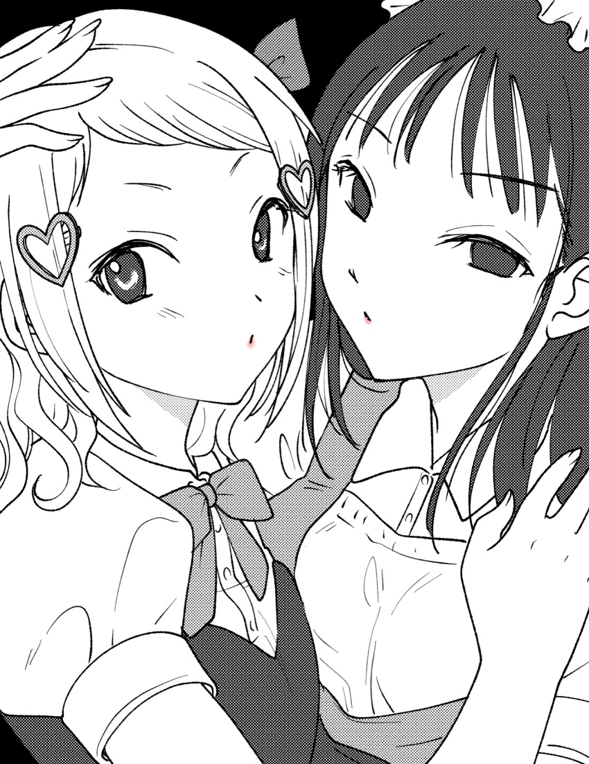 2girls black_background blush bow bowtie buttons collared_shirt commentary empty_eyes greyscale hair_ornament hair_ribbon hairclip hand_up heart heart_hair_ornament highres hikaru_(ofuton_at5) idol lipstick long_hair looking_at_viewer makeup medium_hair mima_sachi minami_koharu monochrome multiple_girls pink_lips puffy_short_sleeves puffy_sleeves ribbon shirt short_sleeves simple_background spot_color upper_body vest watashi_ga_motenai_no_wa_dou_kangaetemo_omaera_ga_warui! wavy_hair