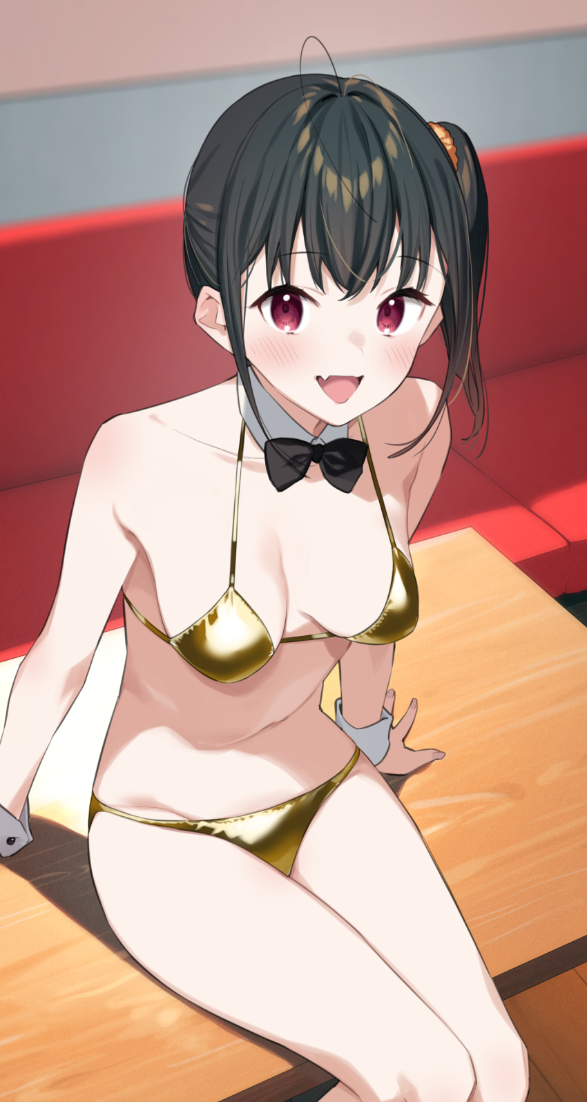 1girl :d absurdres bikini black_hair blush bow bowtie breasts eight_tohyama gold_bikini highres looking_at_viewer medium_breasts medium_hair micro_bikini navel open_mouth original red_eyes side_ponytail sitting smile stomach swimsuit thighs wrist_cuffs