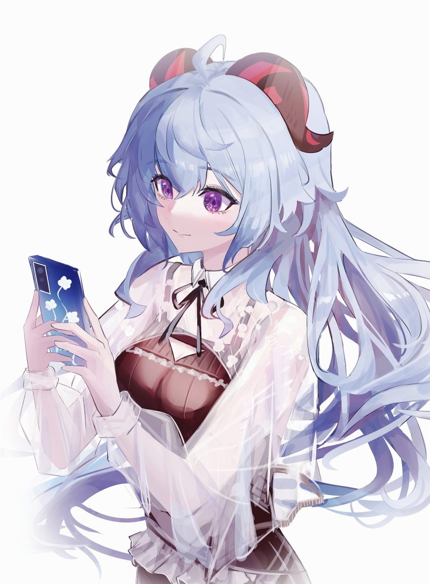 1girl absurdres achib ahoge blue_hair breasts cellphone ganyu_(genshin_impact) genshin_impact highres horns light_smile long_hair looking_at_another medium_breasts phone purple_eyes see-through_clothes see-through_sleeves sidelocks solo upper_body white_background