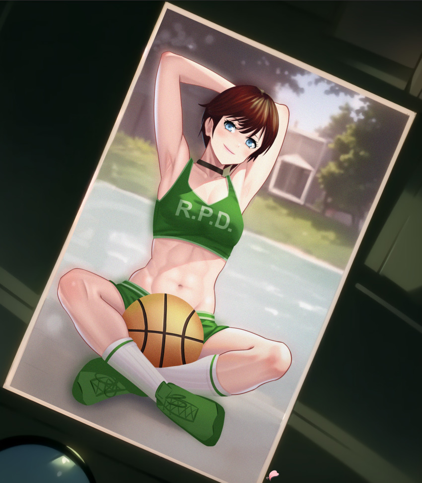 1girl abs absurdres armpits arms_behind_head arms_up bare_arms bare_shoulders blue_eyes blush breasts brown_hair capcom choker collarbone day elementary eyebrows eyelashes female_focus green_footwear green_shorts green_sports_bra highres indian_style looking_at_viewer midriff navel official_alternate_costume outdoors photo-referenced photo_(object) rebecca_chambers resident_evil resident_evil_2 shoes short_hair shorts sitting small_breasts smile sneakers socks solo sports_bra tomboy toned toned_female white_socks