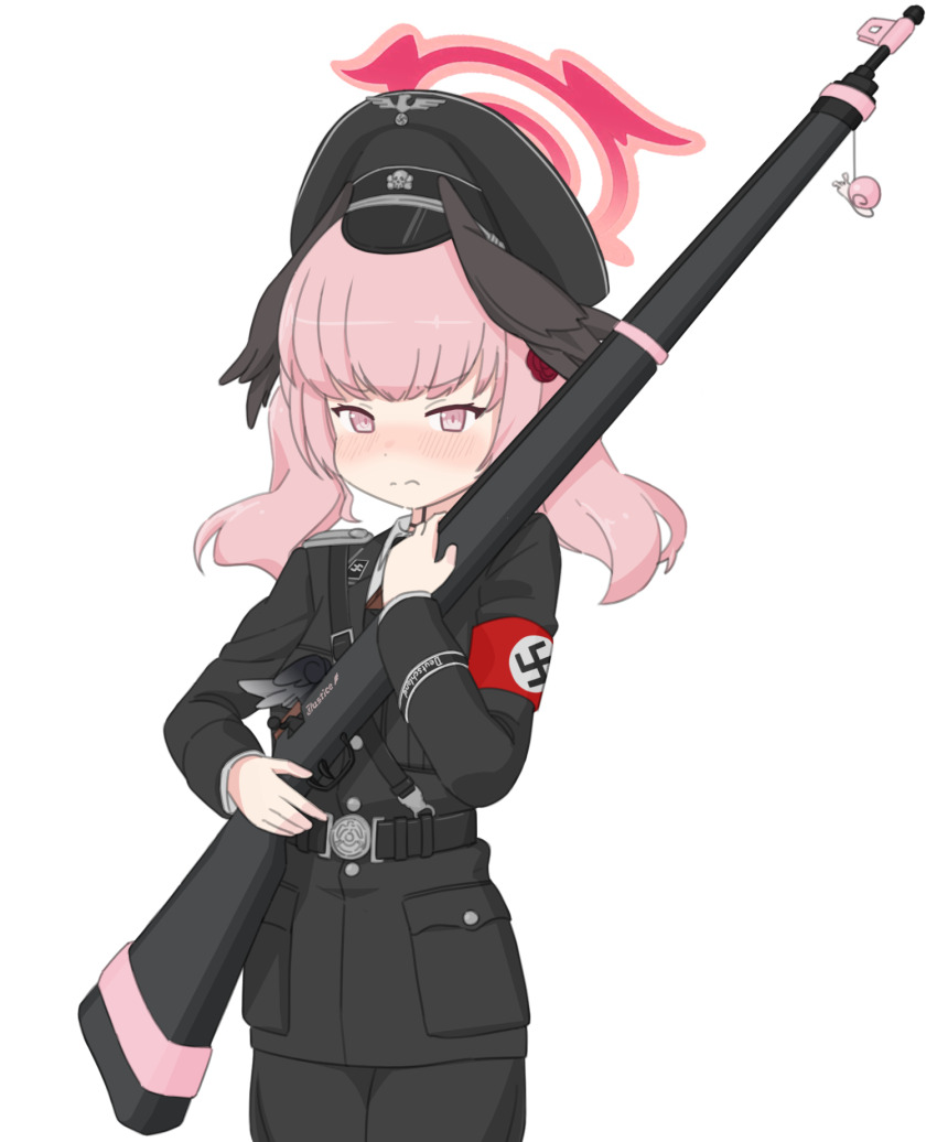 1girl alternate_costume armband black_cat03 black_hat black_jacket black_wings blue_archive feathered_wings gun halo hat head_wings highres holding holding_gun holding_weapon jacket koharu_(blue_archive) looking_at_viewer military_uniform nazi peaked_cap pink_eyes pink_hair pink_halo red_armband rifle simple_background snail solo ss_insignia ss_uniform swastika totenkopf waffen-ss weapon white_background wings