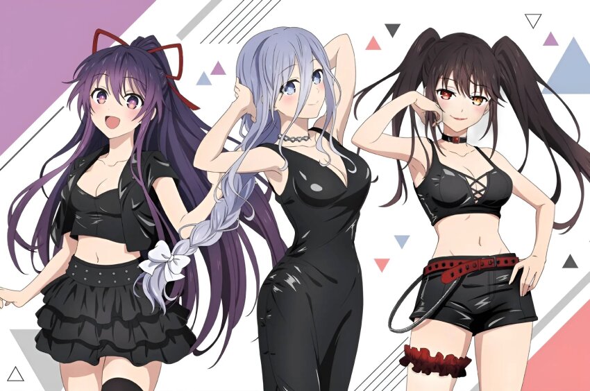 3girls :d alternate_costume arms_up belt black_choker black_dress black_hair black_shirt black_shorts black_skirt braid braided_ponytail breasts choker cleavage collarbone crop_top date_a_live dress dyantocialong frilled_skirt frills grey_eyes grey_hair grin hair_ribbon heterochromia high_ponytail highres large_breasts long_hair looking_at_viewer medium_breasts midriff miniskirt multiple_girls murasame_reine navel open_mouth parted_lips ponytail purple_eyes purple_hair red_belt red_eyes ribbon shirt short_shorts shorts skirt smile stomach thigh_strap tokisaki_kurumi twintails very_long_hair yatogami_tohka yellow_eyes