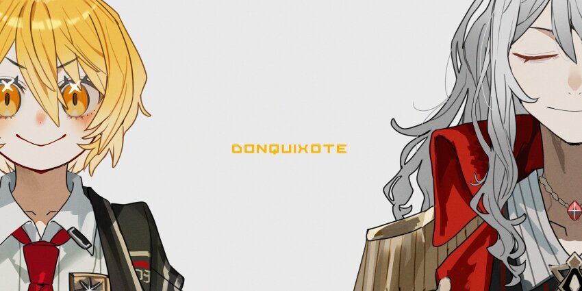 1boy 1girl :&gt; absurdres bags_under_eyes black_coat blonde_hair character_name closed_eyes closed_mouth coat collared_shirt don_quixote_(project_moon) epaulettes grey_hair hamelon310 highres jewelry la_manchaland&#039;s_don_quixote_(project_moon) limbus_company long_hair looking_at_viewer necklace necktie project_moon red_coat red_necktie shirt short_hair smile sparkling_eyes upper_body white_background white_shirt yellow_eyes