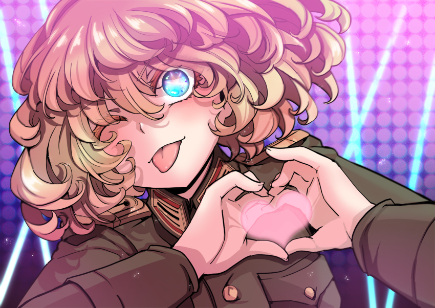 1girl blonde_hair blue_eyes closed_mouth concert green_jacket hal_(goshujinomocha) heart heart_hands jacket long_sleeves looking_at_viewer one_eye_closed short_hair smile solo tanya_degurechaff tongue tongue_out upper_body wavy_hair youjo_senki