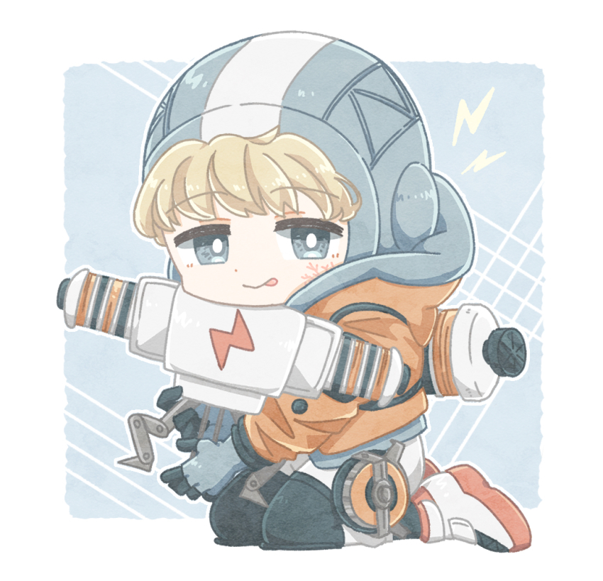 1girl animification apex_legends blonde_hair blue_eyes blue_headwear bodysuit border bright_pupils cfcult7825 chibi holding hood hooded_jacket jacket knee_pads kneeling lightning_bolt_symbol orange_jacket smile solo wattson_(apex_legends) white_bodysuit white_border white_footwear white_pupils