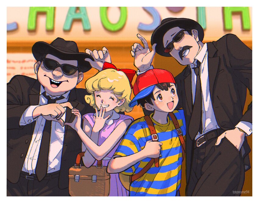 1girl 3boys basket black_hair black_pants blonde_hair border bow collared_shirt dress facial_hair grin hair_bow hand_in_pocket heart heart_hands heart_hands_duo highres jacket kwsby_124 long_sleeves mother_(game) mother_2 multiple_boys mustache ness_(mother_2) nintendo open_clothes open_jacket open_mouth pants paula_(mother_2) pink_dress red_bow shirt sideways_hat signature smile striped_clothes striped_shirt sunglasses white_border white_shirt