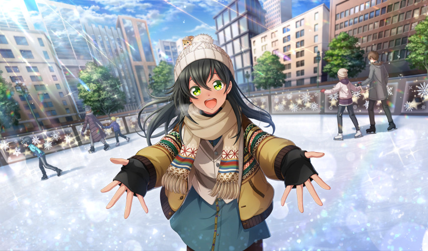 :d akino_komugi black_gloves black_hair black_pantyhose blue_skirt blurry breath cinderella_series coat depth_of_field dutch_angle film_grain fingerless_gloves game_cg gloves green_eyes hachigatsu_no_cinderella_nine hat highres ice_skates knit_hat lens_flare light_particles light_rays long_hair long_sleeves looking_at_viewer multiple_boys multiple_girls non-web_source official_alternate_hairstyle official_art open_clothes open_coat open_mouth outdoors outstretched_arm pantyhose reaching reaching_towards_viewer skates skating_rink skirt smile solo_focus sparkle squirrel sunbeam sunlight teeth upper_teeth_only white_hat winter_clothes