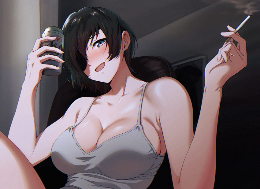 1girl asahi_breweries bare_shoulders beer_can black_hair blush breasts camisole can chainsaw_man cigarette cleavage collarbone drink_can drunk eyepatch grey_camisole head_tilt highres himeno_(chainsaw_man) holding holding_can holding_cigarette indoors large_breasts mtoan one_eye_covered smile smoking solo upper_body