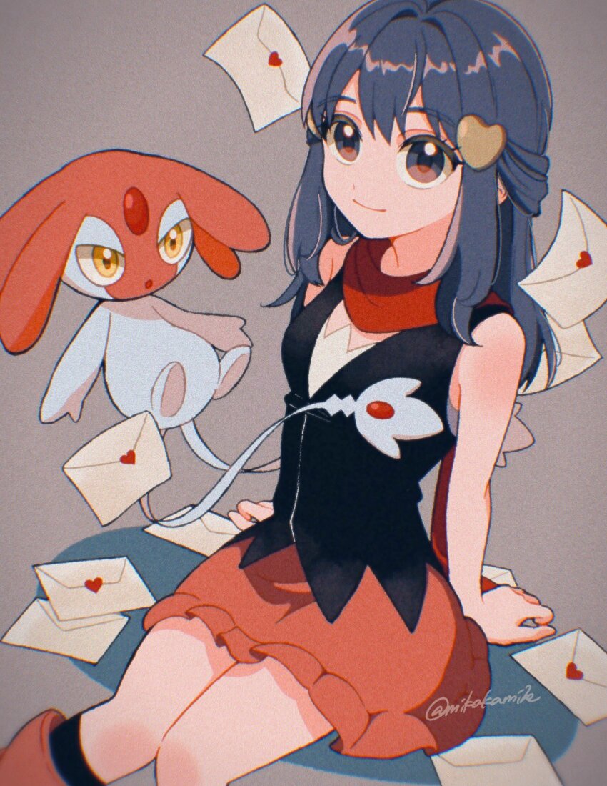 1girl arm_support black_shirt blue_hair closed_mouth commentary creatures_(company) dawn_(pokemon) envelope film_grain floating game_freak gen_4_pokemon grey_background hair_ornament hairclip half_updo heart heart_hair_ornament highres knees_together_feet_apart legendary_pokemon long_hair mesprit mikakami1e nintendo pokemon pokemon_(creature) pokemon_dppt red_scarf red_skirt scarf shirt sidelocks sitting skirt sleeveless sleeveless_shirt smile symbol-only_commentary twitter_username yellow_eyes