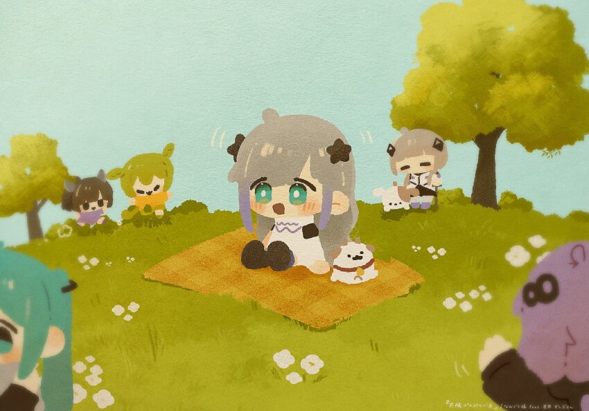 6+girls :3 =_= arm_up asymmetrical_sleeves bad_id bad_twitter_id black_eyes blue_eyes blue_hair blue_sky blush brown_hair cane cevio chasing chibi coat day diamond_hair_ornament dog flower goat grass green_hair grey_hair hair_ornament hair_over_shoulder happy hatsune_miku highres hill holding holding_cane jacket kafu_(cevio) kamitsubaki_studio long_hair low_twintails motion_lines multiple_girls on_blanket open_mouth outdoors picnic_blanket playing purple_hair purple_shirt reiro_(0ta_ta_) running sekai_(cevio) shirt sitting sky smile song_name standing star_(symbol) star_hair_ornament taiyou_poka_poka_de_kusa_(cevio) touhoku_kiritan tree twintails uneven_sleeves vocaloid voiceroid voicevox waving white_coat white_flower white_jacket yellow_shirt yuzuki_yukari zundamon