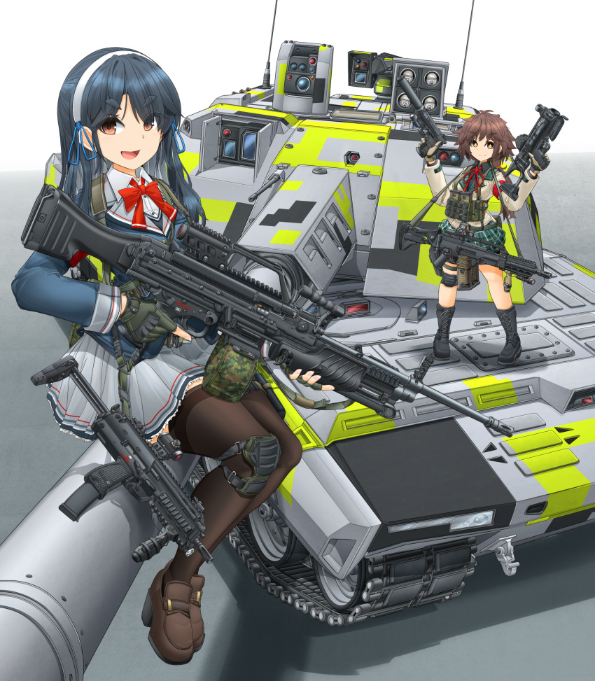 2girls 5.56x45mm_nato absurdres ammunition ammunition_pouch assault_rifle asymmetrical_dual_wielding black_footwear black_hair black_skirt black_thighhighs blue_jacket blue_ribbon boots bow bowtie breasts bright_pupils brown_eyes brown_footwear brown_hair brown_jacket bullet carbine carbine_cartridge caterpillar_tracks collared_shirt combat_boots commentary_request cross-laced_footwear dmr_cartridge dual_wielding fingerless_gloves gloves gradient_background green_gloves green_skirt grenade_launcher grey_skirt gun h&amp;k_g36 h&amp;k_mark_23 h&amp;k_mg4 h&amp;k_mp7 hair_ribbon handgun hands_up heckler_&amp;_koch highres holding holding_gun holding_weapon intermediate_cartridge jacket kac_mk23_suppressor knda_deutschland knight&#039;s_armament_company lace-up_boots light_machine_gun lmg_cartridge load_bearing_vest loafers long_hair long_sleeves looking_at_viewer low_ponytail m320 machine_gun magazine_(weapon) medium_breasts mikeran_(mikelan) military_vehicle miniskirt motor_vehicle multiple_girls neck_ribbon no_humans offensive_handgun open_mouth original panther_kf51 personal_defense_weapon plaid_clothes plaid_skirt pleated_skirt pouch radio_antenna red_bow red_bowtie red_ribbon remote_controlled_weapon_station rheinmetall ribbon rifle rifle_cartridge school_uniform shadow shirt shoes short_eyebrows sitting skirt smile stand-alone_configuration standing submachine_gun suppressor tank thick_eyebrows thighhighs translucent trigger_discipline v-shaped_eyebrows vehicle_focus vertical_foregrip weapon weapon_request white_pupils white_shirt