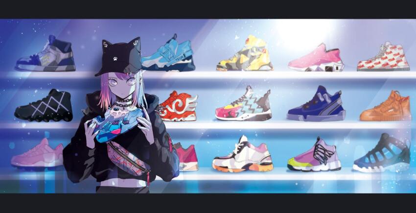 1girl black_hat blue_footwear blue_hair chain chain_necklace coat fur_trim hat jewelry looking_at_viewer multicolored_hair necklace original paw_print pink_eyes pink_hair puppeteer7777 shoes short_hair sneakers solo two-tone_hair upper_body