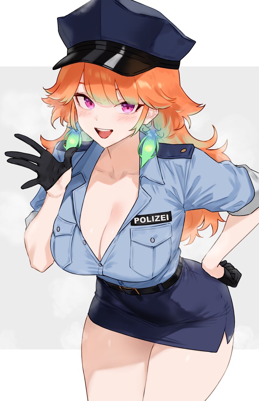 1girl absurdres alternate_costume bluefield breasts earrings feathers gloves half_gloves hat highres hololive hololive_english jewelry large_breasts looking_at_viewer multicolored_hair orange_hair police police_hat police_uniform policewoman skirt takanashi_kiara thighs virtual_youtuber