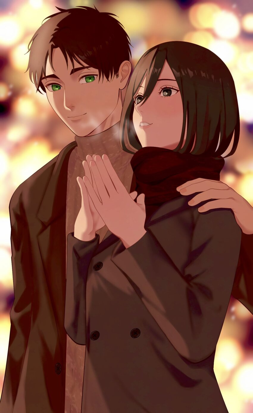 1boy 1girl black_eyes black_hair blue_eyes blurry blurry_background breath brown_coat brown_hair christmas christmas_lights closed_mouth coat couple eren_yeager hair_between_eyes hand_on_another&#039;s_shoulder hetero highres light_smile long_sleeves looking_at_another looking_up medium_hair mikasa_ackerman outdoors own_hands_together parted_lips red_scarf ribbed_sweater scarf shingeki_no_kyojin short_hair sweater tounyuu_cp turtleneck turtleneck_sweater upper_body