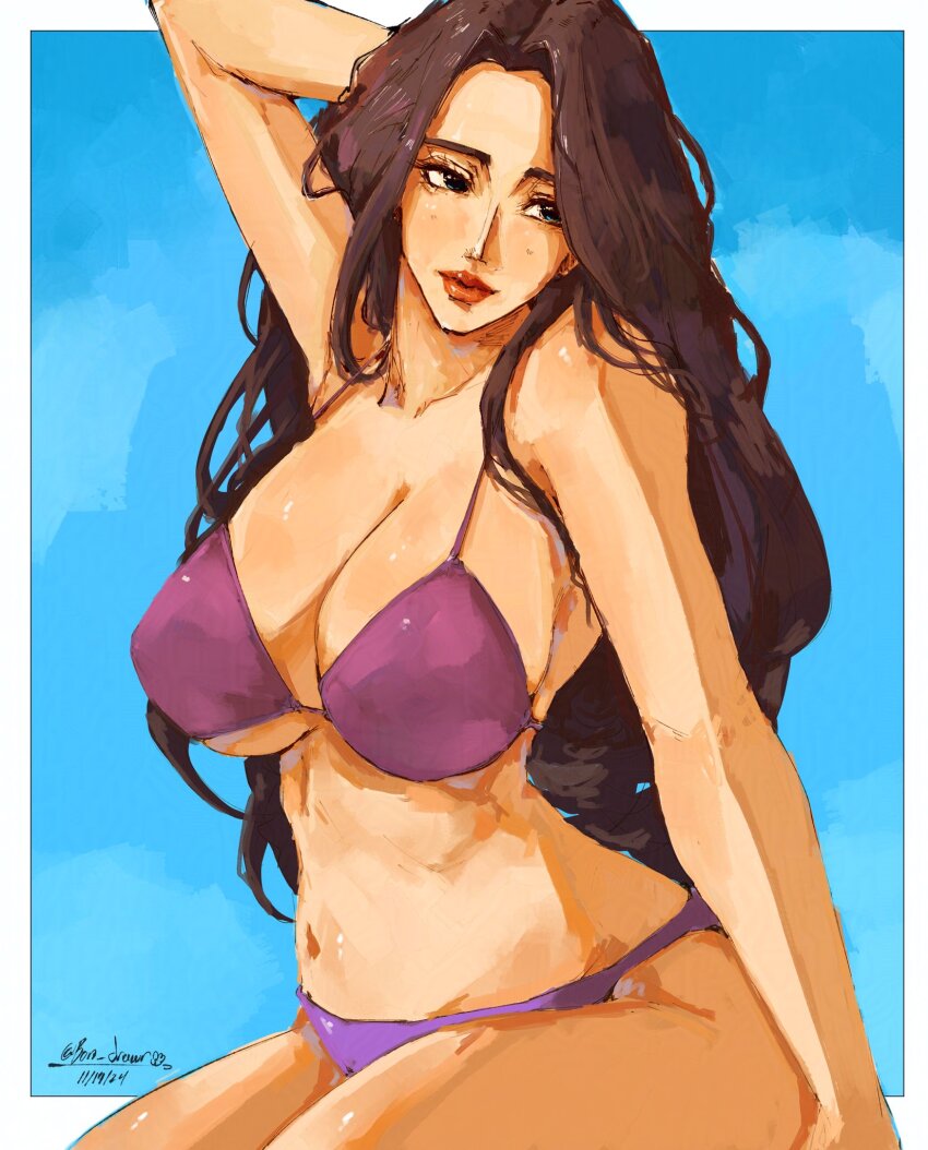 1girl bikini black_hair blue_background bon_drawr breasts closed_mouth commentary dated hand_in_own_hair highres large_breasts long_hair looking_to_the_side navel nico_robin one_piece purple_bikini red_lips signature solo swimsuit underboob