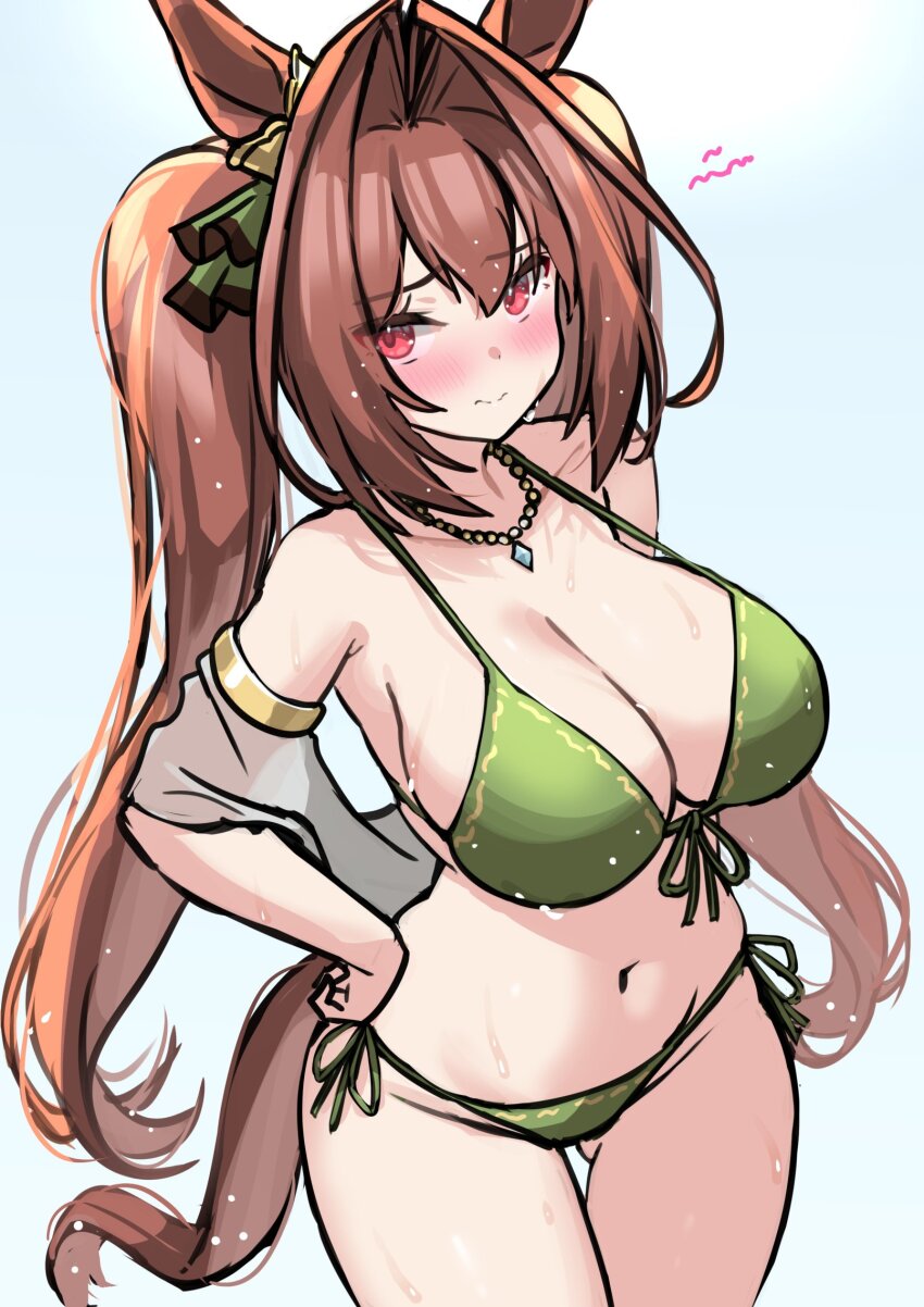 1girl animal_ears bead_necklace beads bikini blush bow breasts brown_hair collarbone daiwa_scarlet_(umamusume) green_bikini green_bow hair_bow hair_intakes halterneck hands_on_own_hips highres horse_ears horse_girl horse_tail jewelry kibihimi large_breasts long_hair looking_at_viewer navel necklace red_eyes sketch swimsuit tail twintails umamusume very_long_hair