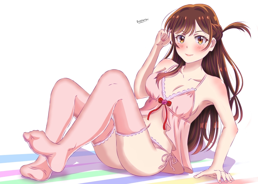 absurdres bad_id bad_pixiv_id blush bow braid breasts brown_eyes brown_hair buko_(bukosuki) cleavage hand_on_own_face highres kanojo_okarishimasu lace_trim lingerie long_hair medium_breasts midriff mizuhara_chizuru negligee panties pink_panties red_bow side_ponytail signature simple_background sitting thighhighs thighs underwear