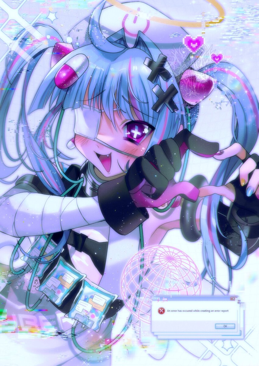 1girl 2000s_(style) :d black_bra black_gloves blue_hair blush bra breasts bright_pupils cleavage commentary commission cross-shaped_pupils cyber_fashion english_commentary error_message eyepatch fang gleamyguts globe gloves hair_ornament halo hat heart heart_hands highres indie_virtual_youtuber intravenous_drip kkcyber long_hair looking_at_viewer microsoft_windows multicolored_hair nurse_cap one_eye_covered open_mouth pill_hair_ornament pink_eyes pink_hair small_breasts smile solo streaked_hair symbol-shaped_pupils tank_top twintails underwear upper_body variant_set virtual_youtuber white_pupils white_tank_top window_(computing) windows_vista x_hair_ornament yami_kawaii