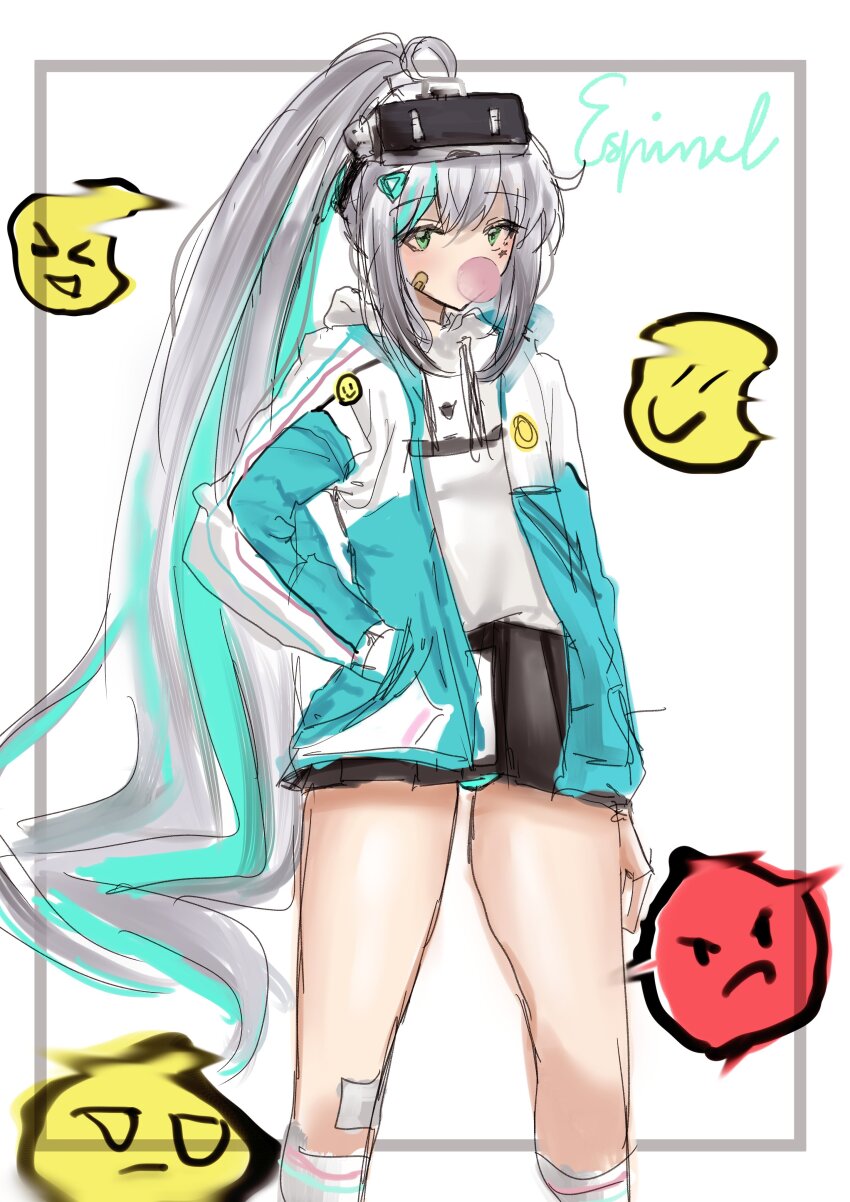 1girl absurdres bandaid bandaid_on_face black_skirt chewing_gum epinel_(nikke) febshark goddess_of_victory:_nikke green_eyes grey_hair hand_in_pocket highres jacket ponytail skirt