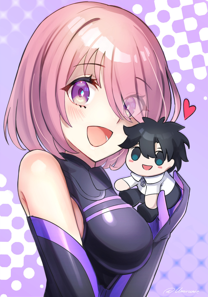 1girl absurdres armor bare_shoulders black_armor blush boobplate breastplate character_doll commentary doll english_commentary fate/grand_order fate_(series) fujimaru_ritsuka_(male) hair_over_one_eye heart highres holding holding_doll looking_at_viewer mash_kyrielight open_mouth pink_hair purple_eyes short_hair smile solo umirunie