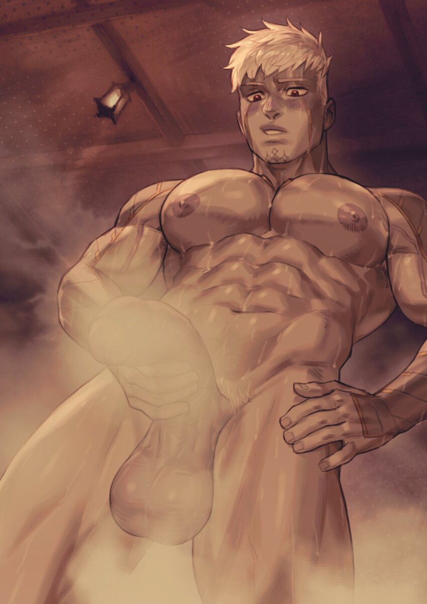 1boy abs bara blush colored_skin dreamplpe erection grey_hair grey_skin highres lanz_(xenoblade) large_pectorals male_focus male_masturbation masturbation metal_skin muscular muscular_male navel nipples pectorals penis red_eyes short_hair solo testicles thick_thighs thighs xenoblade_chronicles_(series) xenoblade_chronicles_3