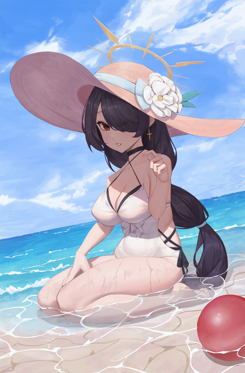 1girl absurdres beach black_choker black_hair blue_archive breasts choker cross cross_earrings earrings flower hair_over_one_eye halo halterneck hat hat_flower hat_ribbon highres hinata_(blue_archive) hinata_(swimsuit)_(blue_archive) in_water jewelry lakusoul large_breasts official_alternate_costume one-piece_swimsuit red_ball red_eyes ribbon sitting smile sun_hat swimsuit white_one-piece_swimsuit