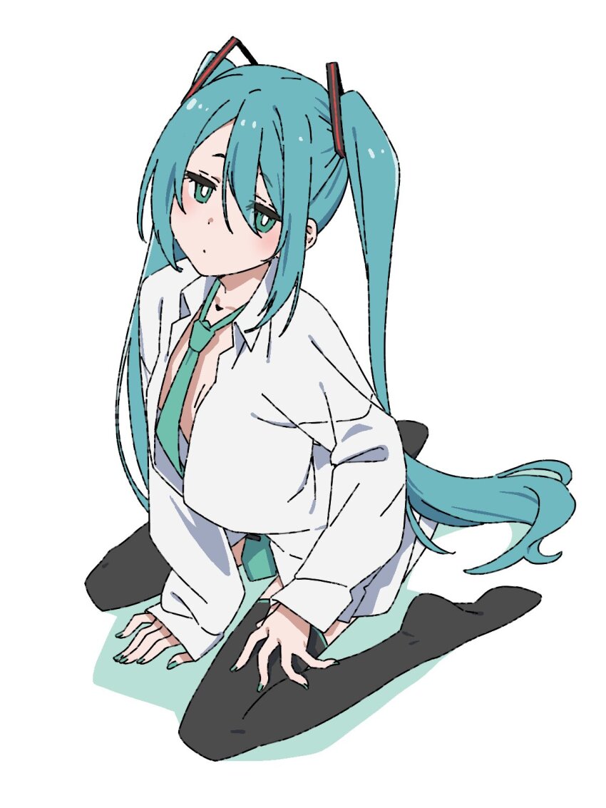 1girl aqua_eyes aqua_nails aqua_necktie between_legs black_thighhighs breasts cleavage closed_mouth dot_mouth from_above full_body hair_between_eyes hand_between_legs hatsune_miku highres jitome long_hair looking_at_viewer matatabeat nail_polish necktie no_bra open_clothes open_shirt shirt sitting soles solo thighhighs twintails very_long_hair vocaloid wariza white_shirt