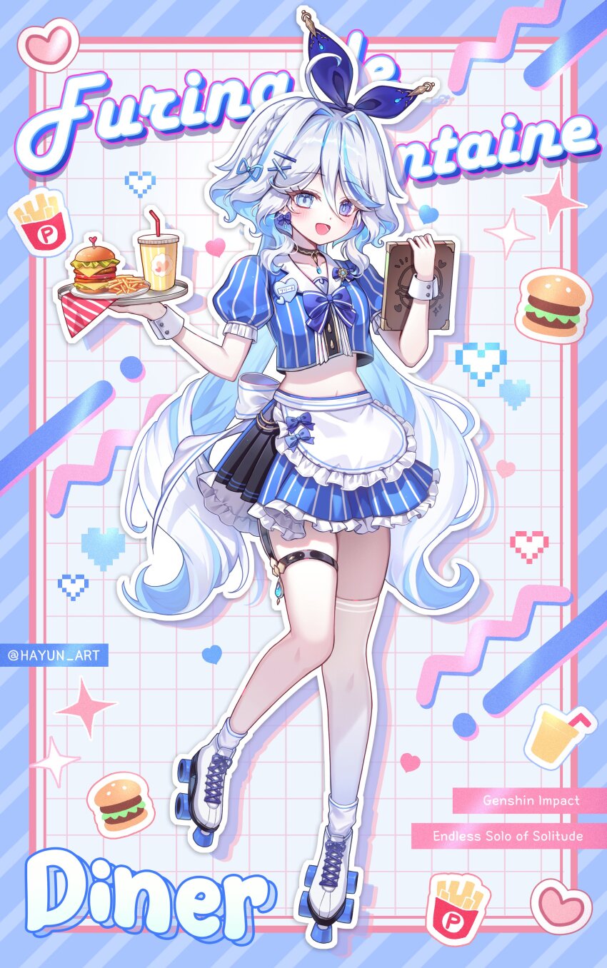 1girl absurdres alternate_costume apron back_bow blue_eyes blue_hair blue_shirt blue_skirt bow braid cowboy_shot cross-laced_footwear drop-shaped_pupils english_text enmaided full_body furina_(genshin_impact) genshin_impact grey_hair hayun heterochromia highres long_hair looking_at_viewer maid maid_apron midriff navel open_mouth shirt single_thighhigh skirt smile socks socks_over_thighhighs solo standing symbol-shaped_pupils thighhighs white_apron white_bow white_footwear white_socks white_thighhighs