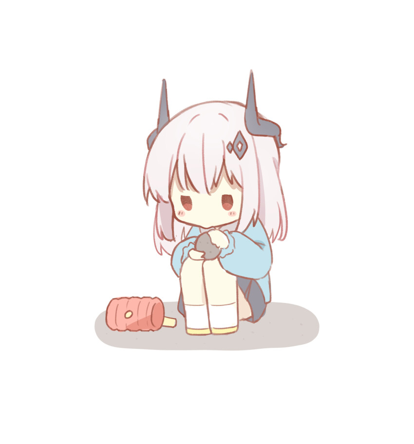 1girl aged_down arknights black_skirt blue_shirt blush_stickers collared_shirt grey_hair highres holding horns kindergarten_uniform long_hair mudrock_(arknights) pleated_skirt red_eyes ryoku_sui shadow shirt simple_background skirt solo squatting toy_hammer white_background