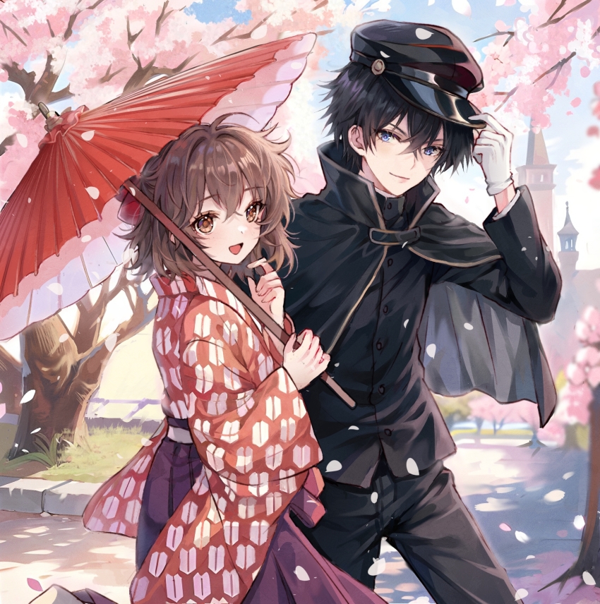 1boy 1girl adjusting_clothes adjusting_headwear black_cape black_hair black_hat black_pants black_shirt blue_eyes bow brown_eyes brown_hair cape cherry_blossoms closed_mouth commentary_request day falling_petals gakuran genderswap genderswap_(mtf) gloves hair_between_eyes hair_bow hakama hakama_skirt hand_up hat hibari_kyouya highres hikari_no_kawa holding holding_umbrella japanese_clothes katekyo_hitman_reborn! kimono looking_at_viewer medium_hair meiji_schoolgirl_uniform oil-paper_umbrella open_mouth outdoors pants petals purple_hakama red_bow red_kimono red_umbrella sawada_tsunayoshi school_uniform shirt short_hair skirt sunlight taishou tree umbrella white_gloves yagasuri