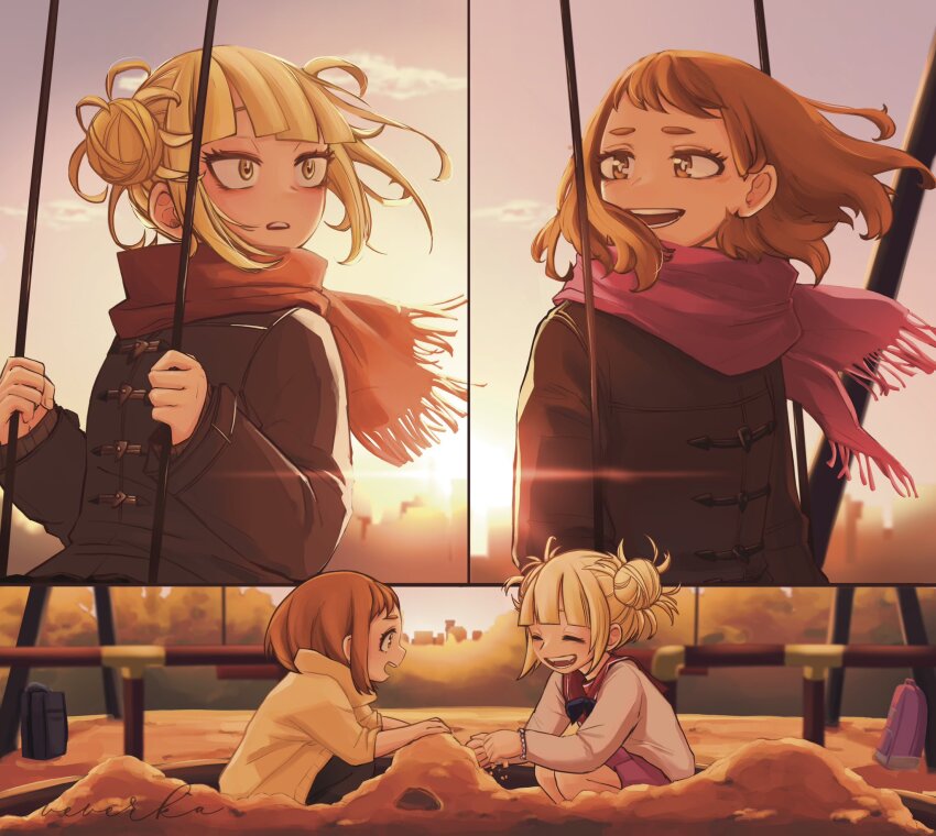 2girls aged_down bag black_bag black_coat blonde_hair boku_no_hero_academia bracelet brown_hair child closed_eyes coat fangs highres jewelry medium_hair messy_hair multiple_girls open_mouth pink_bag pink_scarf pleated_skirt reallyveverka red_sailor_collar red_scarf sailor_collar sandbox scarf school_bag school_uniform shirt sitting_on_swing skirt sunset swing_set teeth thick_eyebrows toga_himiko upper_teeth_only uraraka_ochako yellow_eyes yellow_shirt