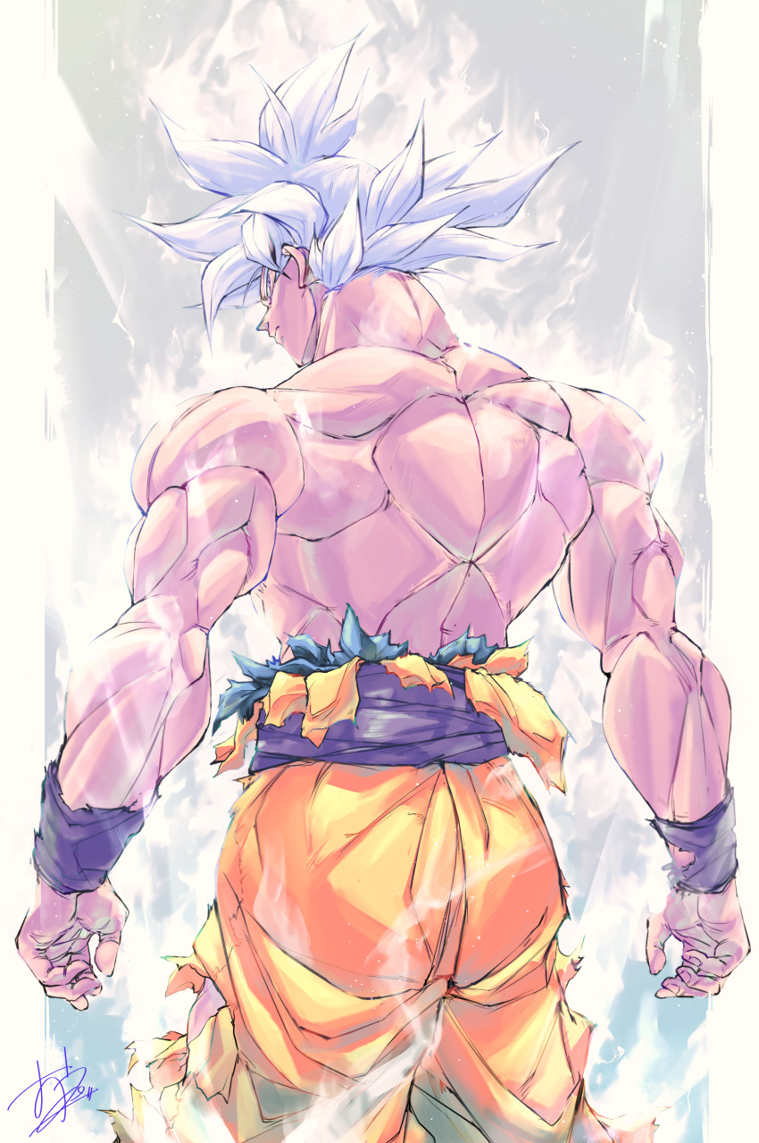 1boy absurdres aura cowboy_shot dragon_ball dragon_ball_super from_behind grey_background highres male_focus muscular muscular_male orange_pants ota_ta999 pants simple_background solo son_goku topless_male torn_clothes torn_pants ultra_instinct white_hair