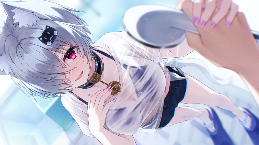 1girl absurdres animal_ear_fluff animal_ears bell bikini bikini_under_clothes black_collar black_shorts breasts cat_ears cat_hair_ornament collar from_above grabbing_another&#039;s_hand grey_hair hair_ornament hair_over_one_eye hasumi_(hasubatake39) highres holding holding_shower_head jingle_bell kuon_(hasumi_(hasubatake39)) large_breasts neck_bell open_mouth original pov pov_hands purple_nails sandals shirt short_hair shorts shower_head smile solo_focus swimsuit wet wet_clothes wet_shirt