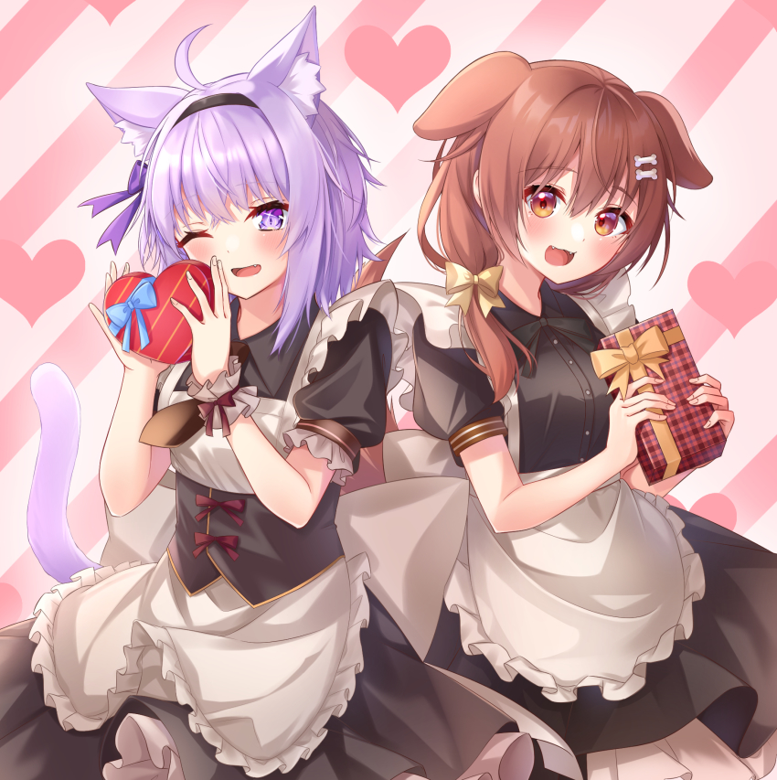 2girls :d ;d alternate_costume animal_ear_fluff animal_ears apron black_dress black_hairband boned_meat bow box breasts brown_eyes brown_hair cat_ears cat_tail commentary_request corset dog_ears dress enmaided food frilled_apron frills hair_bow hairband heart-shaped_box highres holding holding_box hololive hoshino_reiji inugami_korone long_hair maid meat medium_breasts multiple_girls nekomata_okayu one_eye_closed open_mouth puffy_short_sleeves puffy_sleeves purple_eyes purple_hair short_sleeves smile tail valentine virtual_youtuber wrist_cuffs