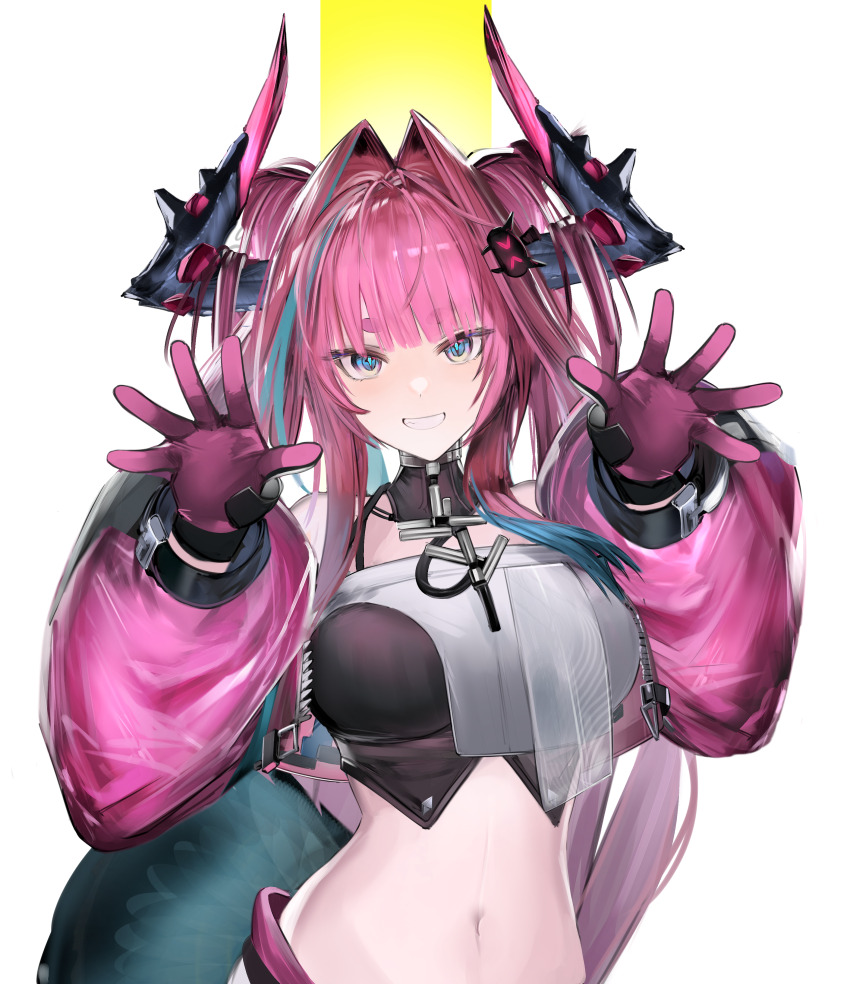 1girl absurdres arknights arknights:_endfield bare_shoulders black_shirt blue_eyes breasts crop_top detached_collar double_bun eugle_na gloves grin hair_bun hair_intakes hands_up highres horns jacket large_breasts long_hair long_sleeves looking_at_viewer midriff navel off_shoulder open_clothes open_jacket pink_hair pink_jacket puffy_long_sleeves puffy_sleeves purple_gloves shirt simple_background sleeveless sleeveless_shirt smile solo stomach tail thick_eyebrows twintails two-tone_shirt upper_body very_long_hair white_background white_shirt yvonne_(arknights)