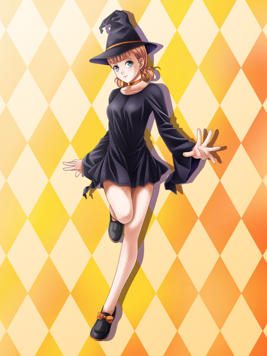 1girl absurdres annette_fantine_dominic blue_eyes choker closed_mouth fire_emblem fire_emblem:_three_houses full_body halloween_costume hat highres long_sleeves nintendo orange_hair shoes simple_background solo tamamon twintails wide_sleeves witch_hat