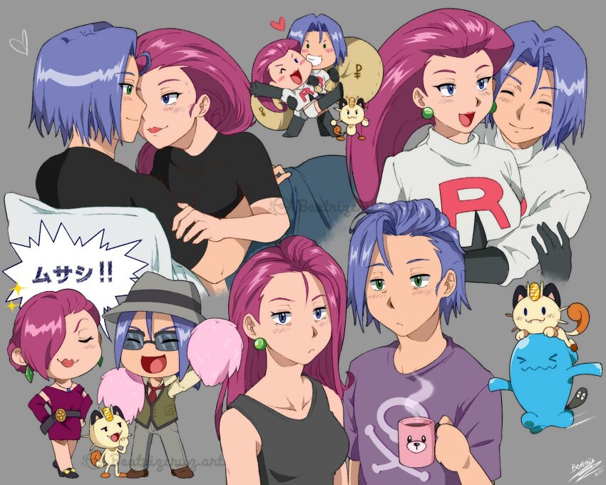 1boy 1girl black_gloves black_shirt blue_eyes blush closed_eyes creatures_(company) cruz02art game_freak gen_1_pokemon gen_2_pokemon gloves green_eyes grey_background highres looking_at_another looking_at_viewer meowth nintendo pink_hair pokemon pokemon_(anime) pokemon_(creature) purple_hair shirt sleepy team_rocket team_rocket_uniform weezing wobbuffet