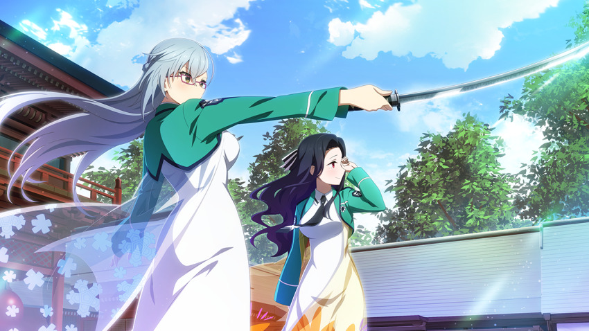 2girls black_hair black_necktie blue_sky breasts building cloud cropped_jacket crossover day dress first_high_school_uniform floating_hair game_cg green_jacket grey_hair hand_up holding holding_sword holding_weapon jacket katana kitora_mirja large_breasts long_hair long_sleeves mahouka_koukou_no_rettousei multiple_girls necktie official_art open_clothes open_jacket orange_eyes outdoors red_eyes saegusa_mayumi school_uniform see-through_clothes sidelocks sky standing sword toji_no_miko toji_no_miko:_kizamishi_issen_no_tomoshibi tree wavy_hair weapon white_dress