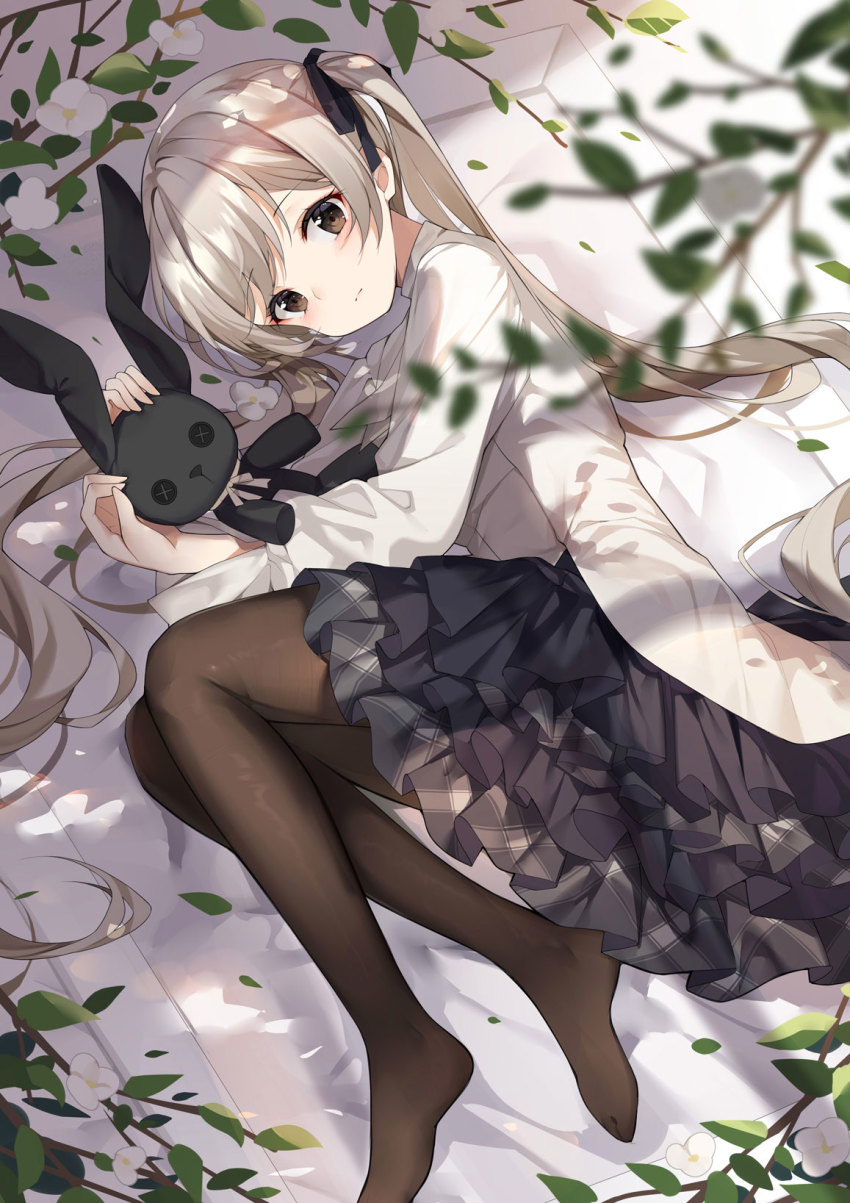 1girl black_pantyhose black_skirt blonde_hair brown_eyes clothing_request feet fetal_position flower flower_request frilled_skirt frills highres kasugano_sora kikistark leaf long_hair looking_at_viewer no_shoes on_ground pantyhose skirt stuffed_animal stuffed_toy twintails very_long_hair yosuga_no_sora