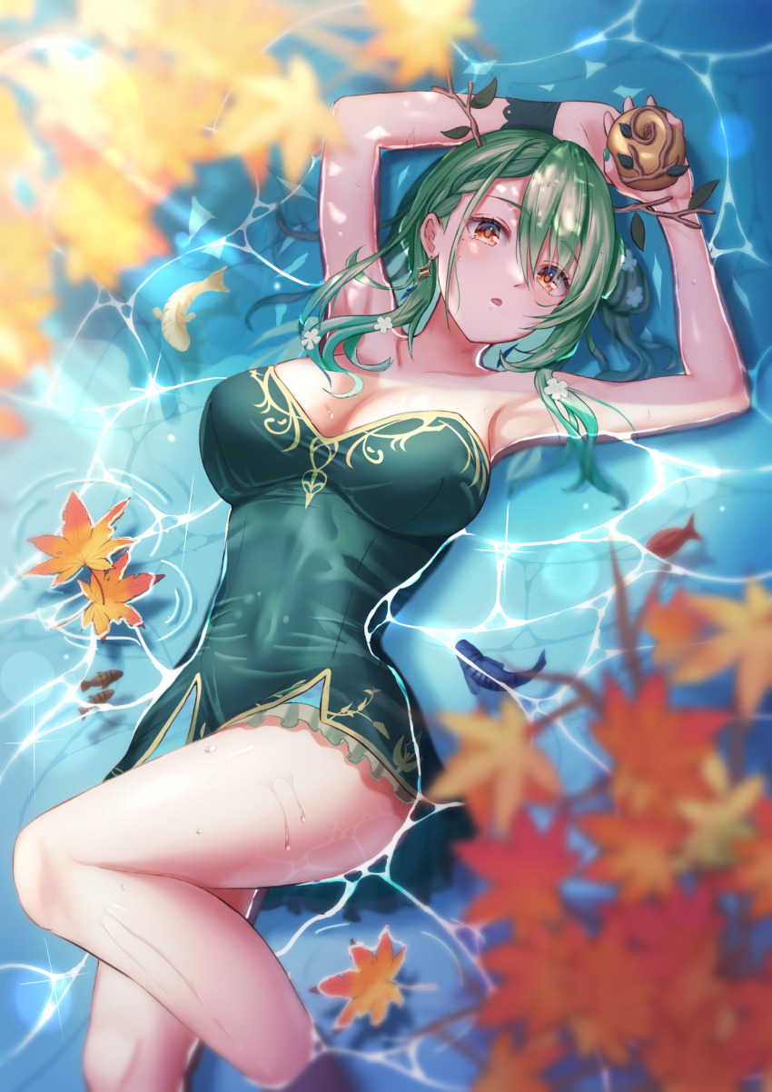 1girl :o antlers apple armpits arms_up asymmetrical_bangs autumn_leaves boku_no_edamame braid braided_bangs branch breasts ceres_fauna covered_navel dress earrings eyes_visible_through_hair fish flower food french_braid frilled_dress frills fruit golden_apple green_dress green_hair hair_flower hair_ornament highres holding holding_food holding_fruit hololive hololive_english horns jewelry large_breasts leaf long_hair looking_at_viewer lying maple_leaf mole mole_under_eye on_back orange_eyes outdoors partially_submerged short_dress solo strapless strapless_dress thighs virtual_youtuber water wet wet_clothes wristband