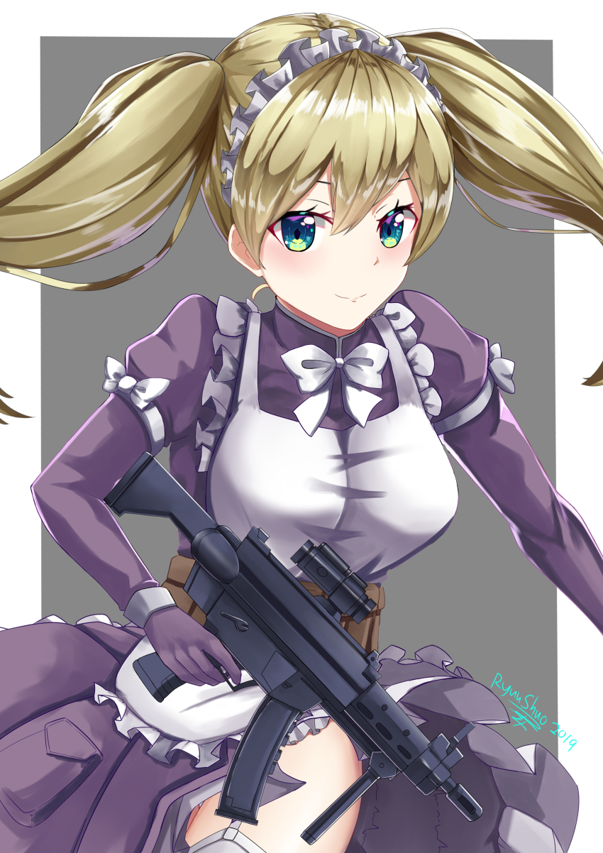 1girl absurdres apron assault_rifle blonde_hair blue_eyes bow cowboy_shot elbow_gloves female_focus frilled_apron frills garter_straps gloves grey_background gun heavy_object highres holding holding_gun holding_weapon lemish looking_at_viewer maid_apron maid_headdress purple_gloves purple_skirt rifle ryuu_shuo signature skirt smile solo thighhighs twintails weapon white_apron white_bow white_thighhighs