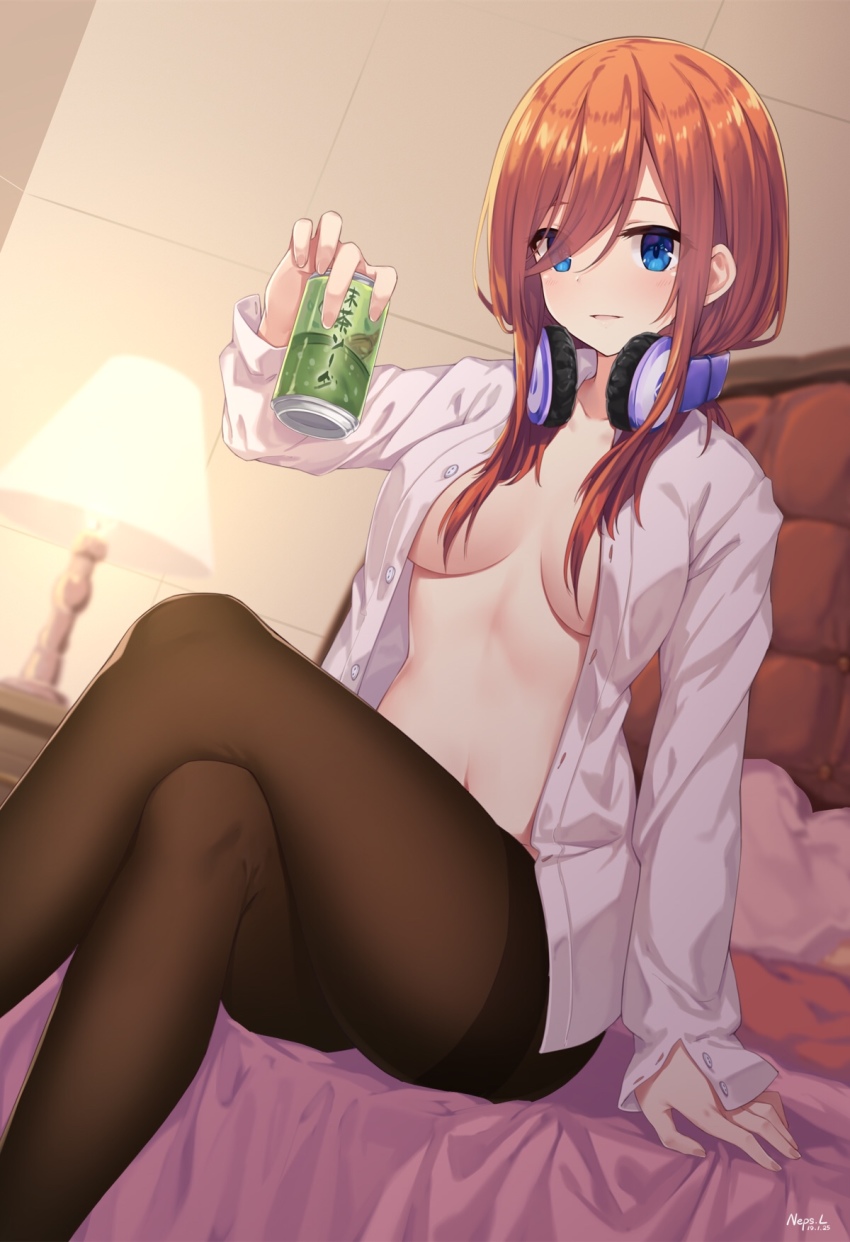 1girl arm_support bed blue_eyes blurry blurry_background blush breasts brown_hair brown_pantyhose can collarbone commentary_request crossed_legs dated depth_of_field dress_shirt eyes_visible_through_hair female_focus fingernails go-toubun_no_hanayome hair_over_one_eye headphones headphones_around_neck highres holding holding_can indoors lamp lampshade long_hair long_sleeves looking_at_viewer medium_breasts nakano_miku navel neps-l no_bra on_bed open_clothes open_shirt pantyhose parted_lips shirt signature sitting smile solo thighband_pantyhose white_shirt